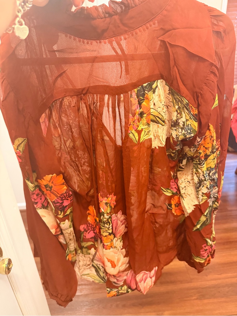Anthropologie Brown Floral V-Neck Long Sleeve Blouse - Picture 4 of 4